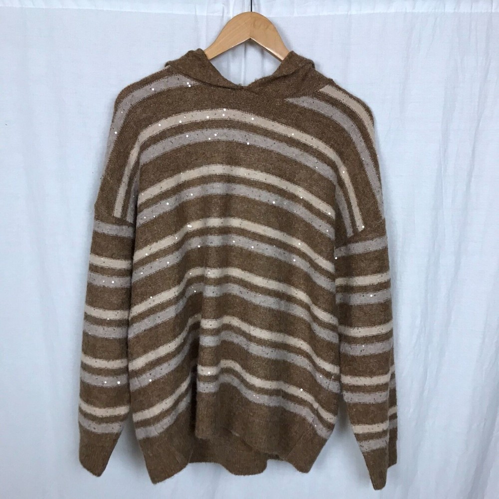 Nine West Women's Sequin Striped Long Sleeve Hooded Sweater Casual Size XXL